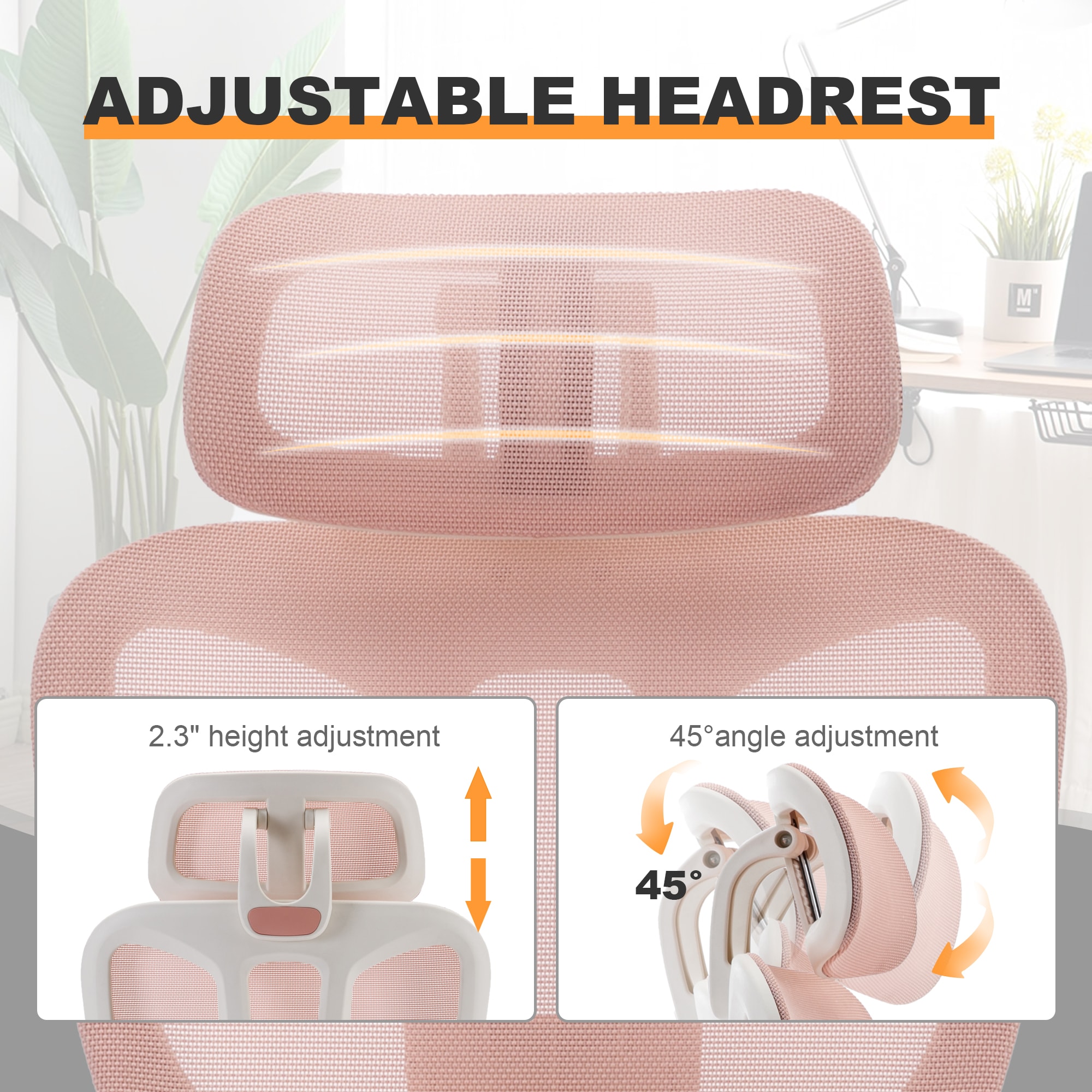 Multi-functional Ergonomic Mesh Office Chair With Adjustable Armrest,Footrest,Lumbar Support, 360° Silent Wheels,Headrest For Home & Office,Pink_voghion.com